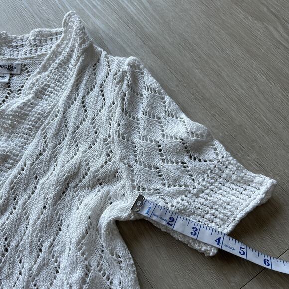 St Johns Bay Cropped Open Knit Cardigan Womens Large White Short Sleeve - Picture 8 of 10